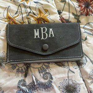 Monogrammed Black Wallet Clutch with White Stitching